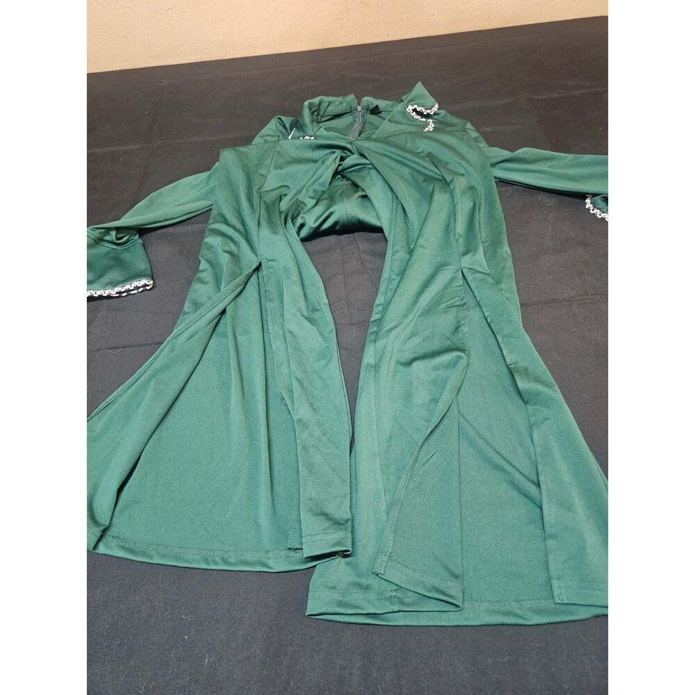 Emerald Green Rhinestone-Trim Maxi Dress / Jumpsuit with Split Skirt